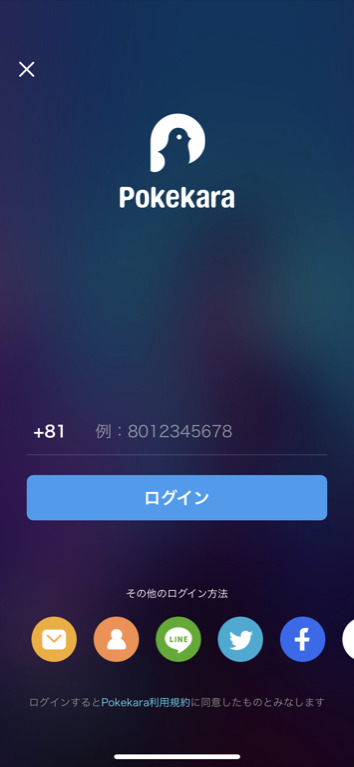 ポケカラ(pokekara)のログイン画面